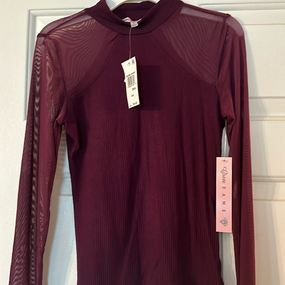 Women’s Small Dressy Top Burgundy NWT Sheer Sleeves and Shoulders
